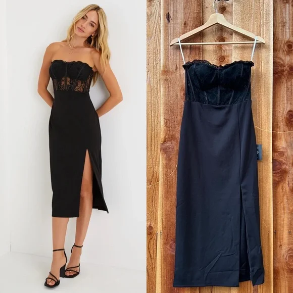 Lulus | Dresses | Black Lace Strapless Bustier Corset Midi Dress | Poshmark